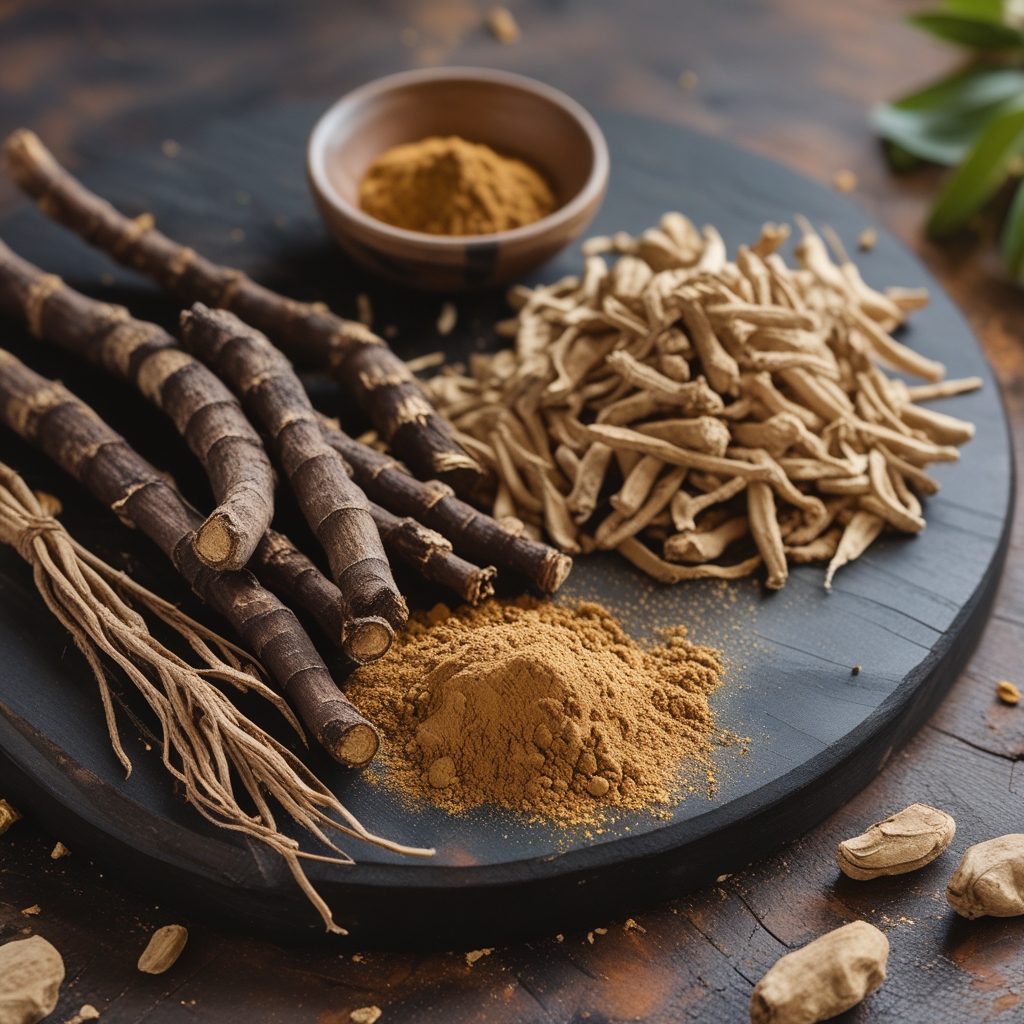 Dried ashwagandha roots and powder arranged on a dark wooden board with a small ceramic bowl, warm earthy tones and natural light