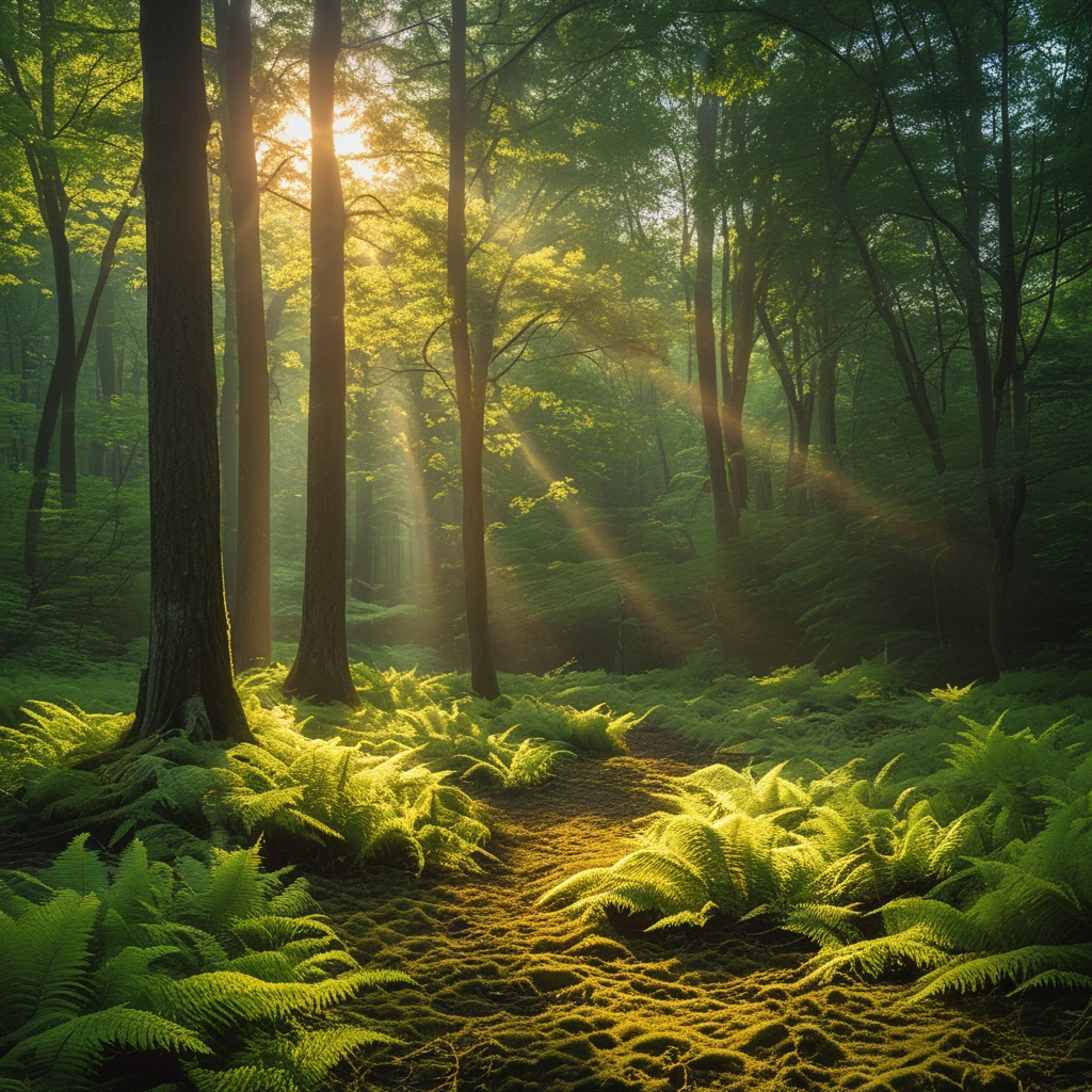 Lush green forest clearing with sunlight filtering through tall trees casting golden rays on ferns and mossy ground, rich natural textures