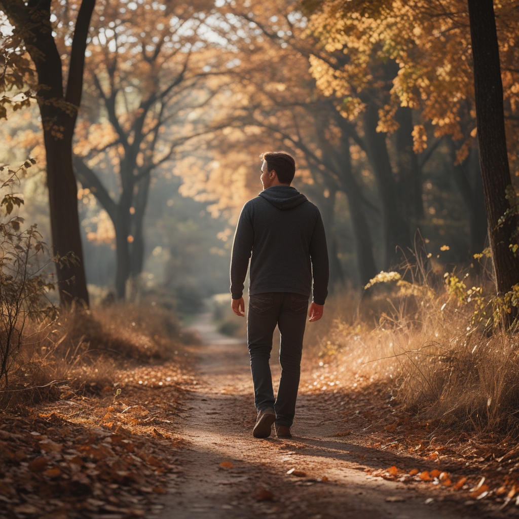 Man walking alone along a sunlit forest path in autumn, surrounded by golden and brown fallen leaves, soft morning light through tree canopy